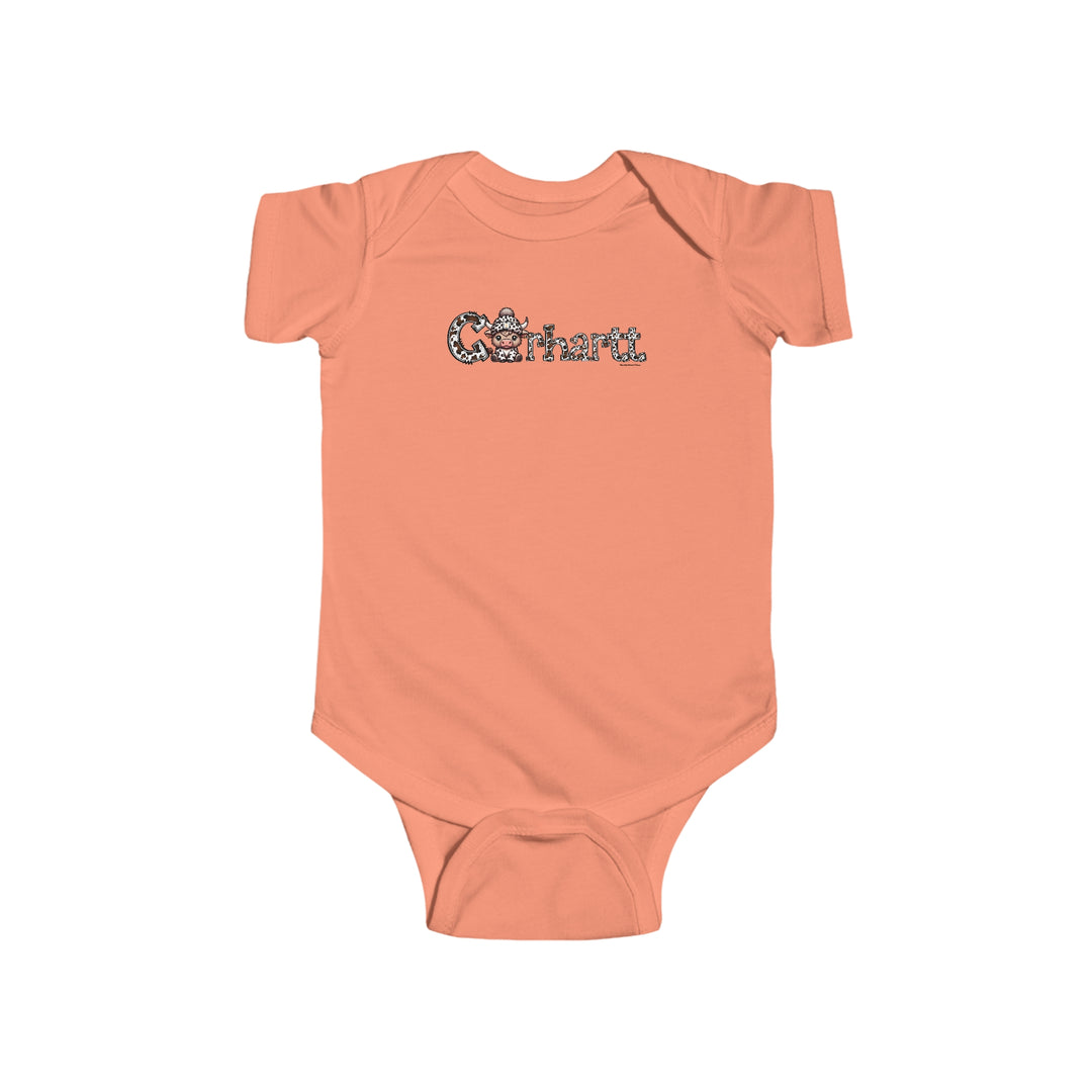 A durable and soft infant fine jersey bodysuit featuring a cartoon cow with a hat and horns logo. Made of 100% combed ringspun cotton, with ribbed knitting for durability and plastic snaps for easy changing access. From Worlds Worst Tees.