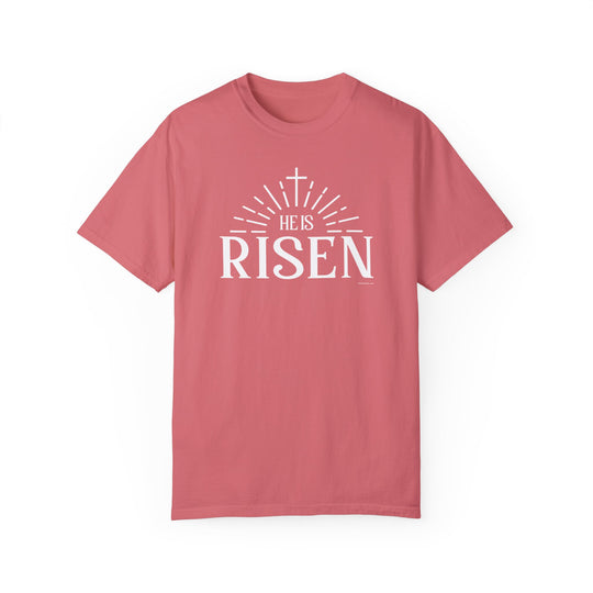 Relaxed fit He is Risen Tee, 100% ring-spun cotton, garment-dyed for coziness. Double-needle stitching, no side-seams for durability and shape retention. Sizes S-4XL.