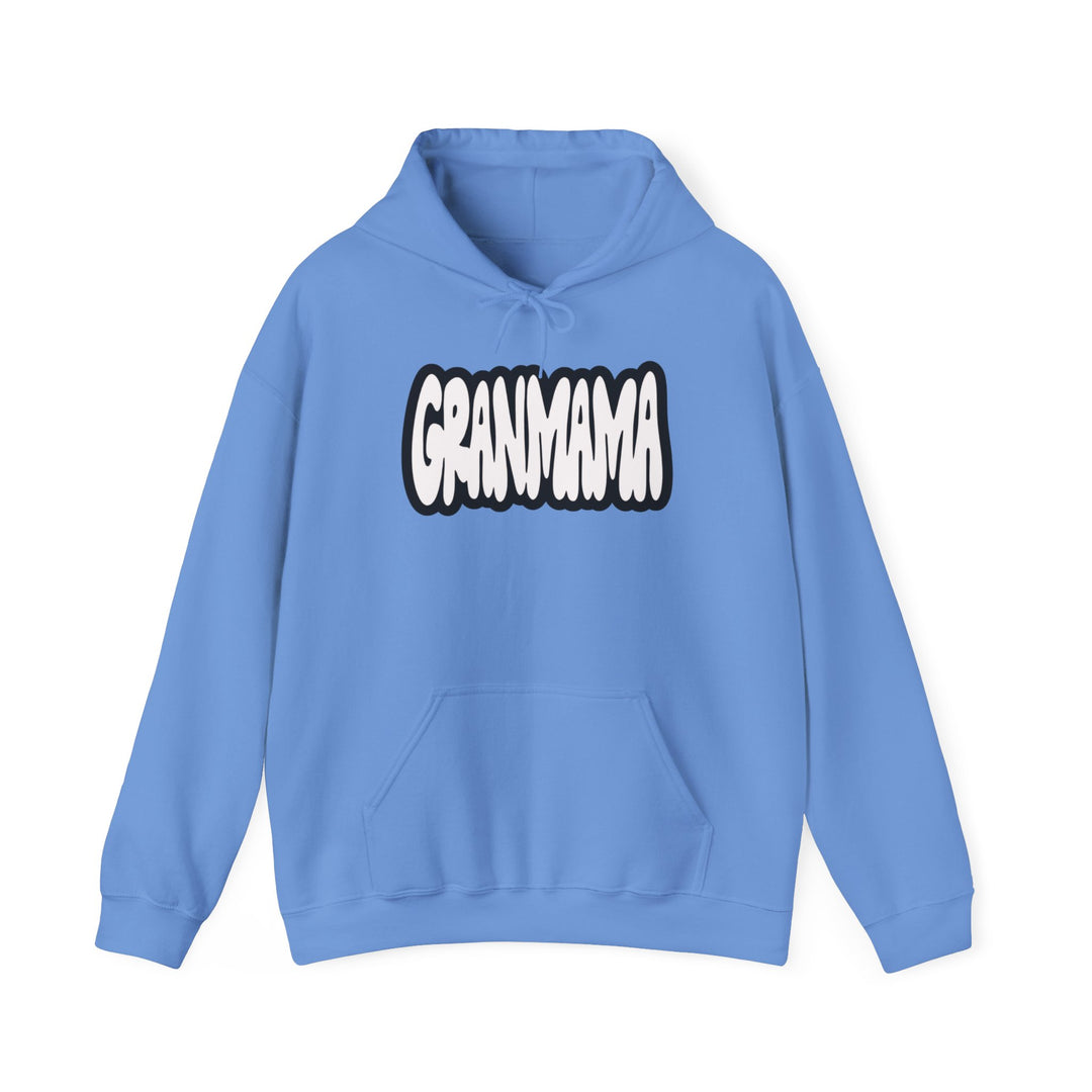Granmama Hoodie: A cozy blue sweatshirt with white text, featuring a kangaroo pocket and matching drawstring hood. Unisex, cotton-poly blend, medium-heavy fabric for warmth and comfort. Ideal for chilly days.