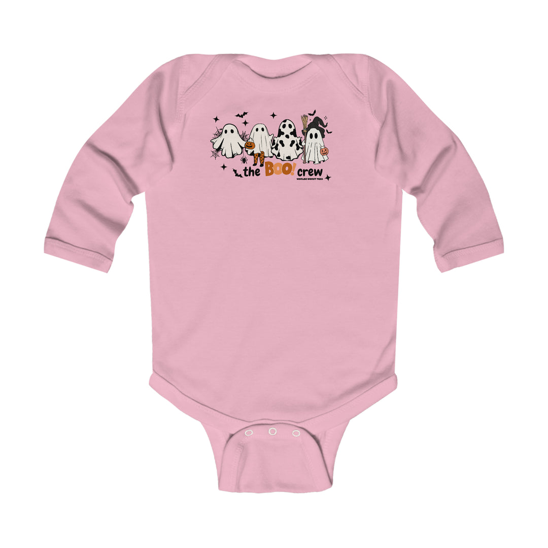 A pink baby bodysuit featuring cartoon ghosts, perfect for durability and comfort. Made of 100% combed ring-spun cotton, with plastic snaps for easy changing. From Worlds Worst Tees.