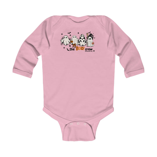 A pink baby bodysuit featuring cartoon ghosts, perfect for durability and comfort. Made of 100% combed ring-spun cotton, with plastic snaps for easy changing. From Worlds Worst Tees.