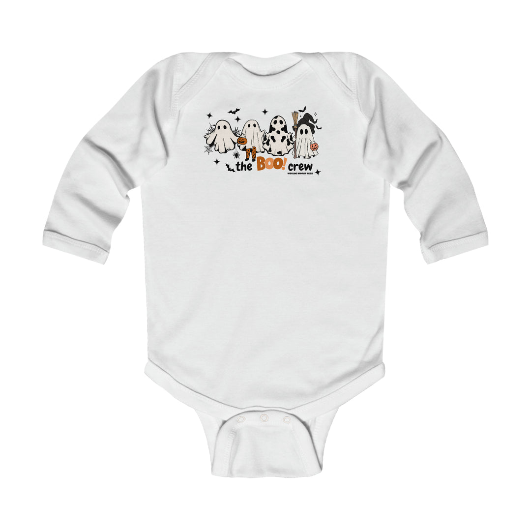 A white baby bodysuit featuring cartoon ghosts, designed for durability and comfort. Plastic snaps for easy changing, ribbed knitting for durability. Boo Crew Long Sleeved Onesie.