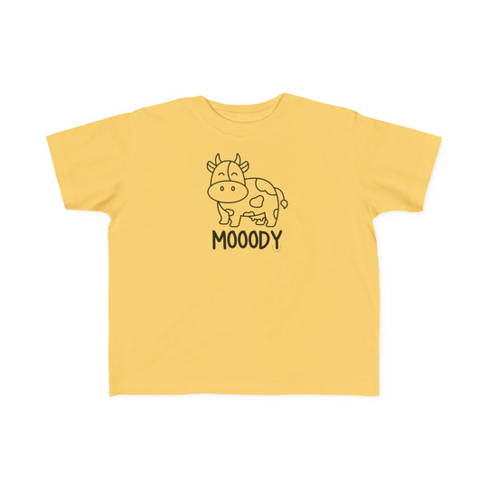 Moody Toddler Tee featuring a cow print on a yellow shirt. Soft, 100% combed ringspun cotton, light fabric, classic fit. Perfect for sensitive skin, durable for little adventures.