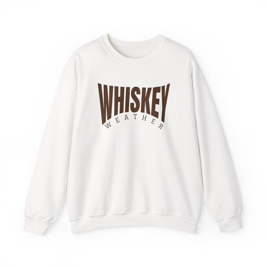 White long-sleeve crewneck sweatshirt featuring WHISKEY WEATHER print, ribbed cuffs, and hem, offering comfort with a classic fit and durable stitching.