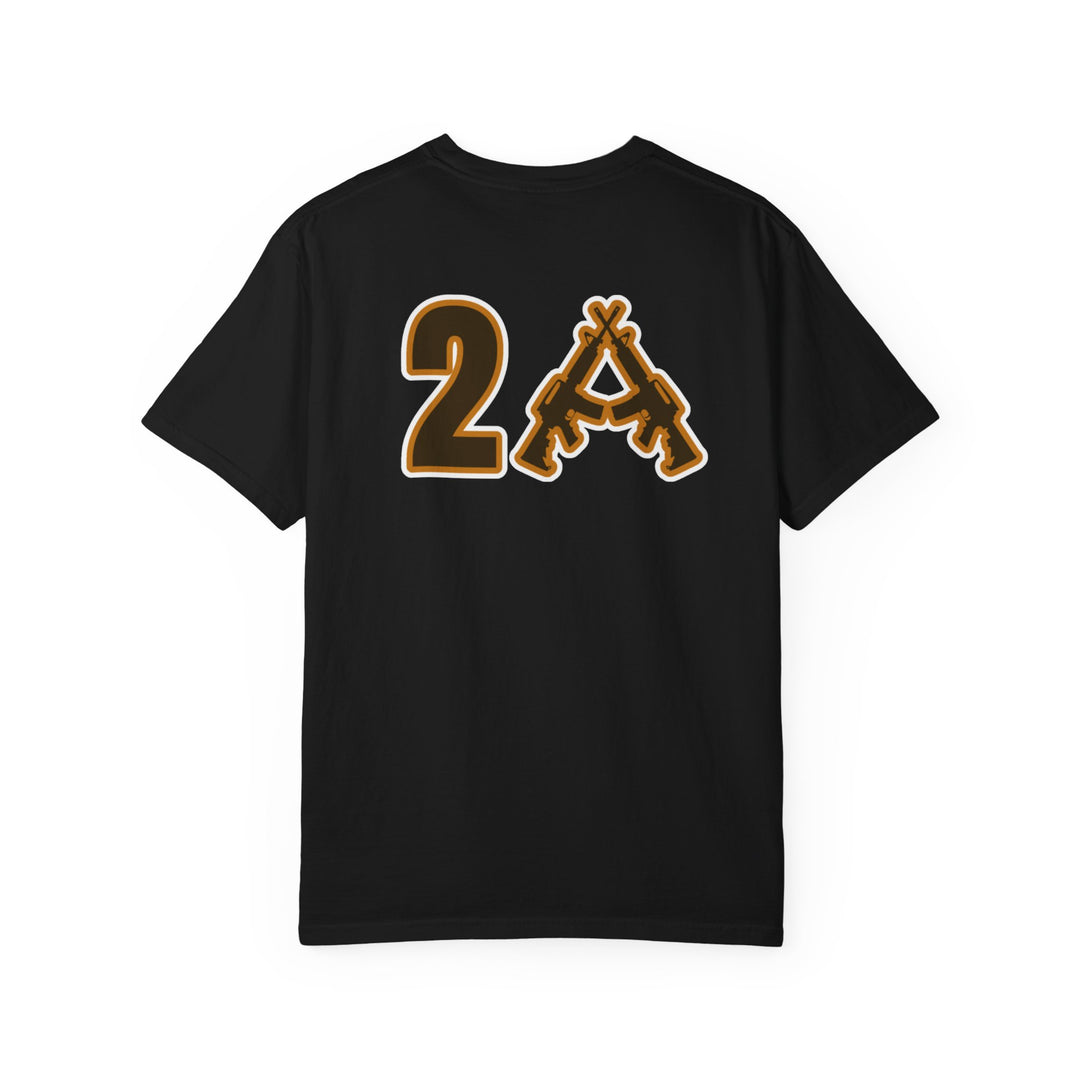 Black 2A Tee featuring a bold numeral “2” and crossed rifles forming “A” on the back, symbolizing the Second Amendment; made from soft, durable ring-spun cotton.