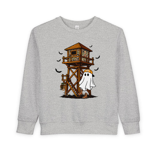 Ghost Hunter Toddler Crew: Light-gray sweatshirt features a cartoon ghost in hunting boots and cap, with a Halloween-themed hunting stand graphic, perfect for cozy toddler adventures.