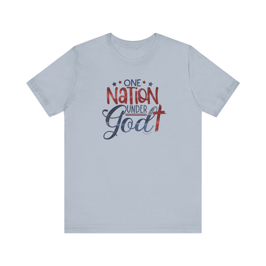 A classic unisex tee with text, featuring One Nation Under God message. Made of 100% Airlume combed cotton, ribbed knit collars, and tear away label. Retail fit, runs true to size.