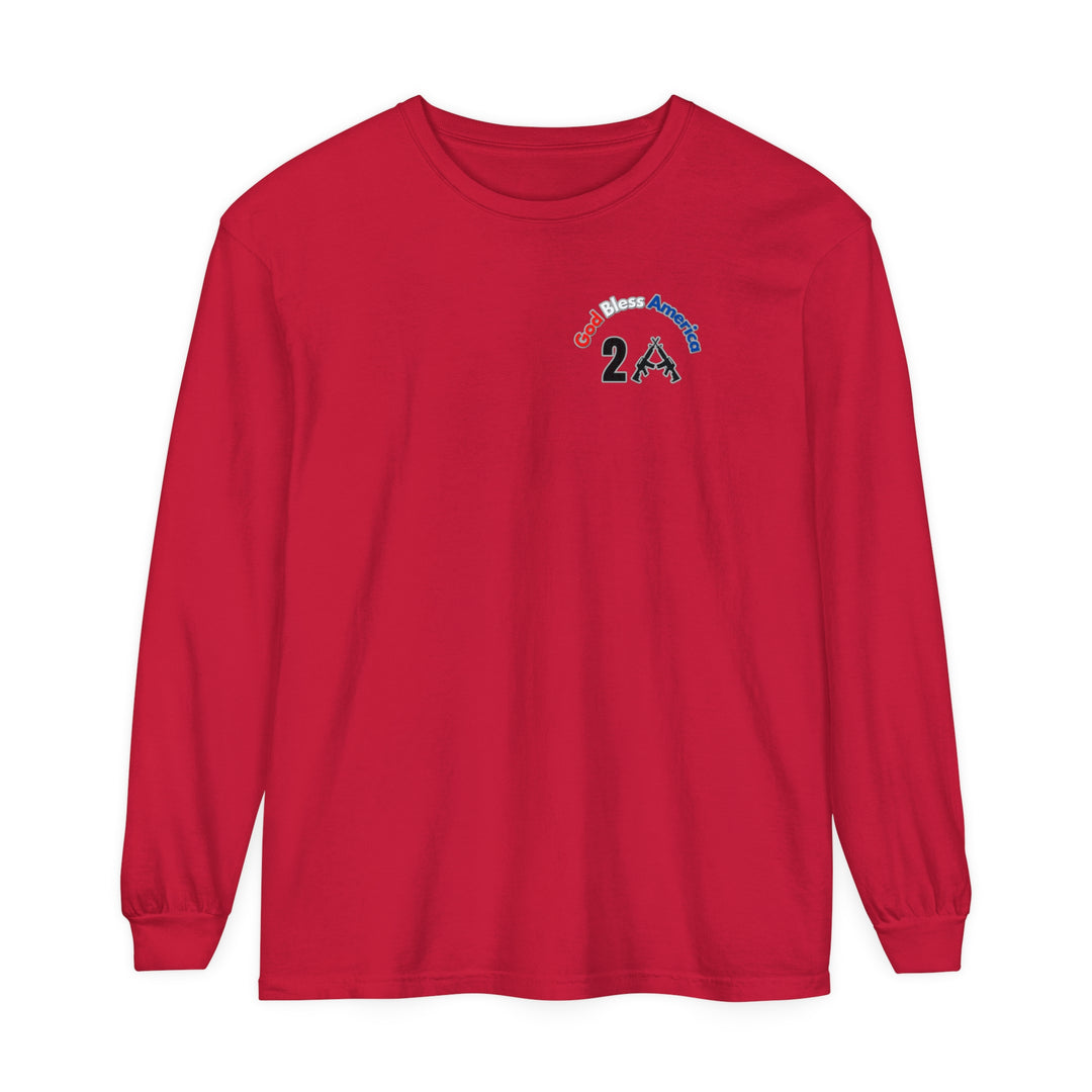 A God Bless America 2A Long Sleeve Tee in red, featuring text and gun graphics. Made of 100% ring-spun cotton with a classic fit for casual comfort. From Worlds Worst Tees.