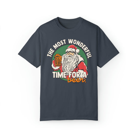 A graphic tee featuring Santa Claus and a beer mug, embodying festive humor. Unisex, garment-dyed sweatshirt with ring-spun cotton blend, relaxed fit, and rolled-forward shoulder for comfort and style.