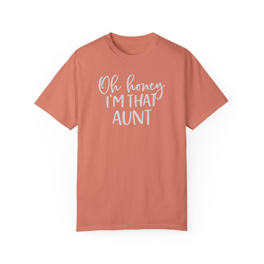 Aunt-themed t-shirt in ring-spun cotton, garment-dyed for coziness. Relaxed fit with double-needle stitching for durability and tubular shape. From 'Worlds Worst Tees'.