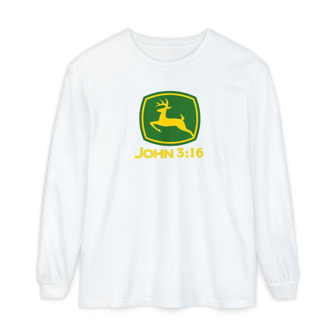 John 3:16 Long Sleeve Tee featuring a green-and-yellow leaping deer logo on a plain white shirt, made from 100% ring-spun cotton for comfort.