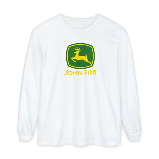 John 3:16 Long Sleeve Tee featuring a green-and-yellow leaping deer logo on a plain white shirt, made from 100% ring-spun cotton for comfort.