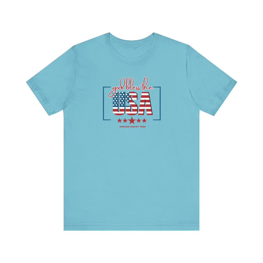 A classic unisex jersey tee with God Bless the USA print. Soft cotton, ribbed knit collars, taping on shoulders, and dual side seams for durability. 100% Airlume combed and ringspun cotton, light fabric, retail fit.