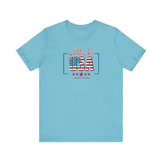 A classic unisex jersey tee with God Bless the USA print. Soft cotton, ribbed knit collars, taping on shoulders, and dual side seams for durability. 100% Airlume combed and ringspun cotton, light fabric, retail fit.