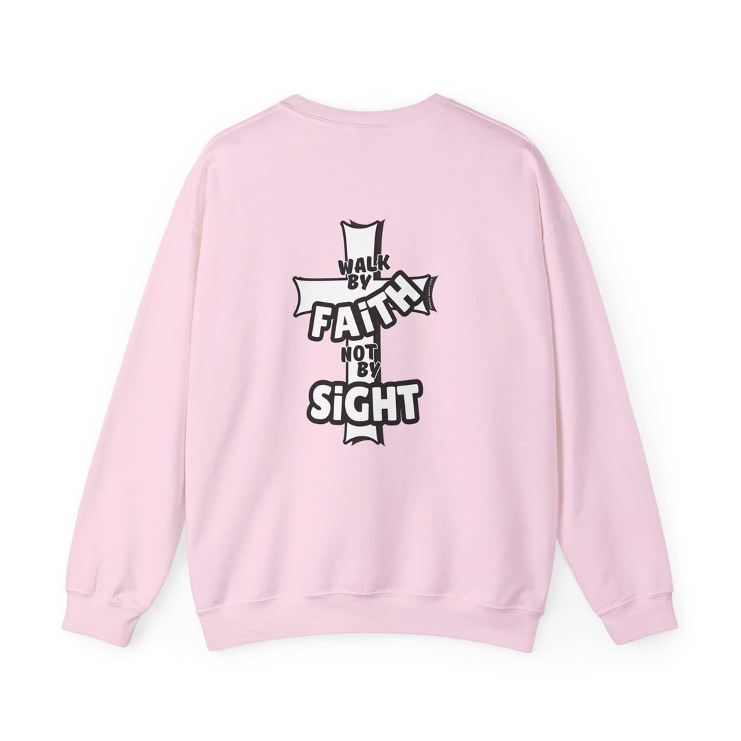 A pink sweatshirt with a cross design, ideal for comfort in any situation. Unisex heavy blend crewneck featuring ribbed knit collar, polyester-cotton fabric, and no itchy side seams. Walk By Faith Not By Sight Crew.