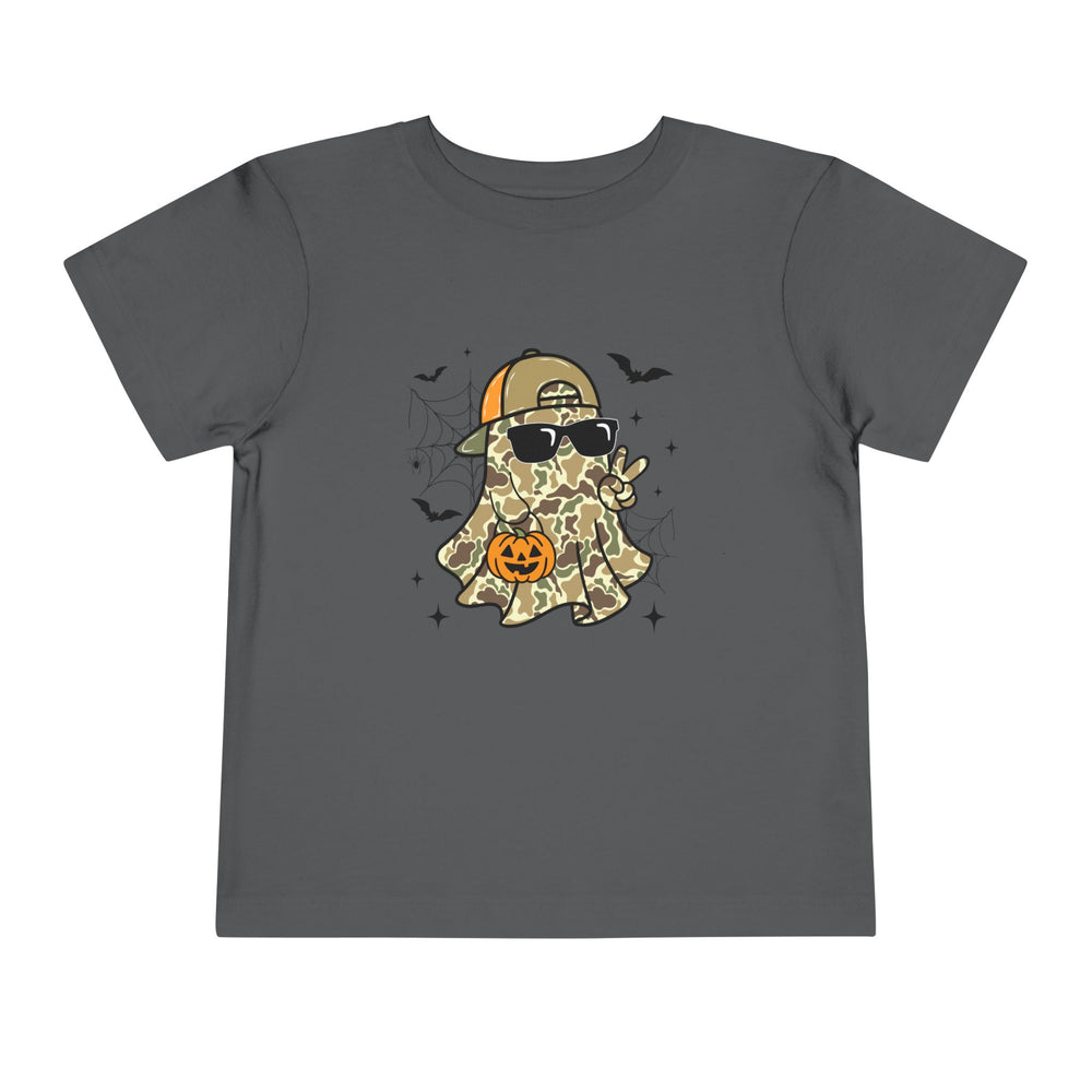 Candy Ghost Toddler Tee: Dark-gray kids' T-shirt featuring a cartoon ghost in camo, sunglasses, and cap, with bats and spiderwebs, perfect for a spooky-cute look.