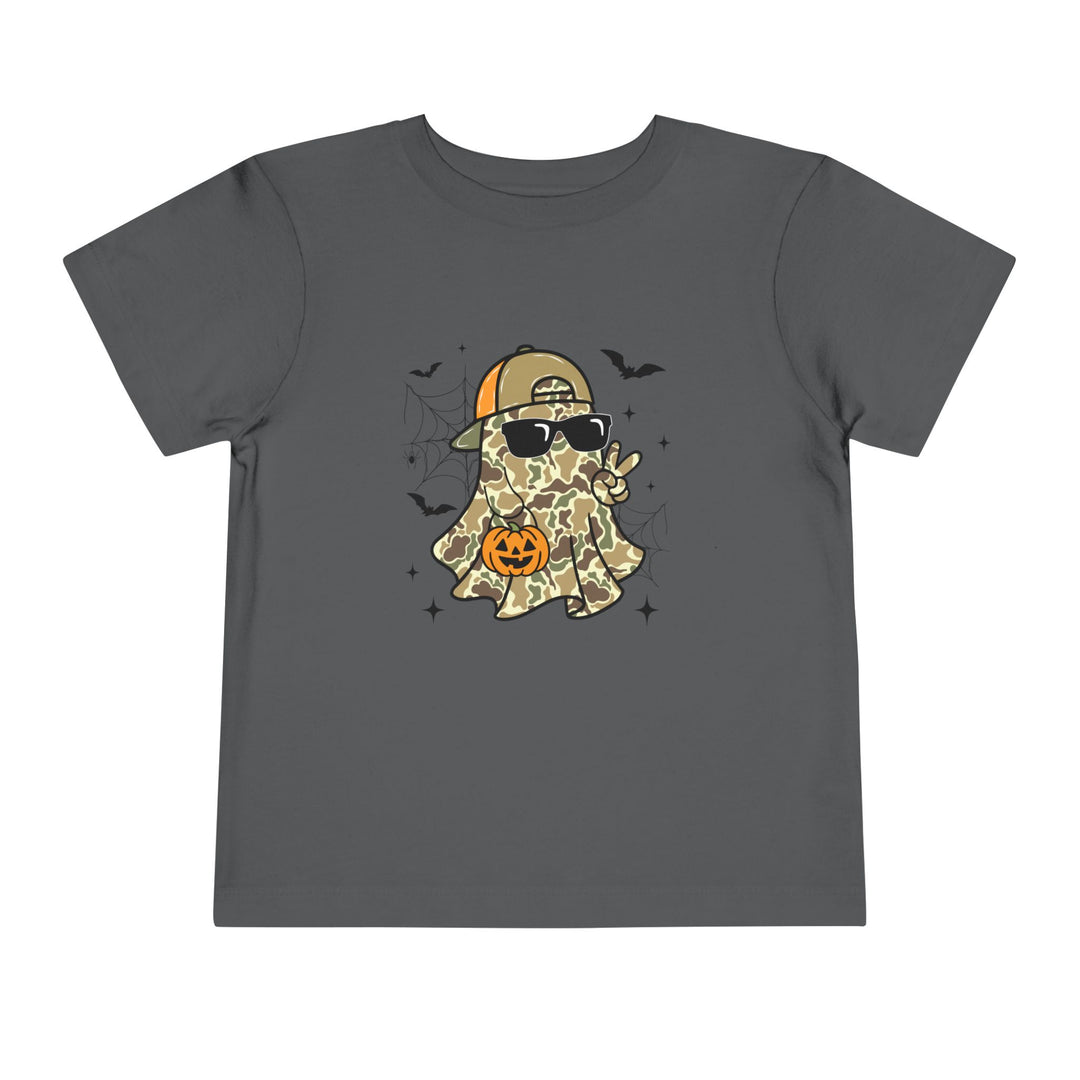 Candy Ghost Toddler Tee: Dark-gray kids' T-shirt featuring a cartoon ghost in camo, sunglasses, and cap, with bats and spiderwebs, perfect for a spooky-cute look.