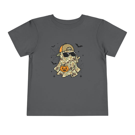 Candy Ghost Toddler Tee: Dark-gray kids' T-shirt featuring a cartoon ghost in camo, sunglasses, and cap, with bats and spiderwebs, perfect for a spooky-cute look.