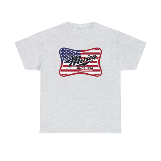 A white Merica Tee with a patriotic flag design, featuring durable construction, ribbed collar, and versatile sizing options. Unisex, 100% cotton tee from Worlds Worst Tees.