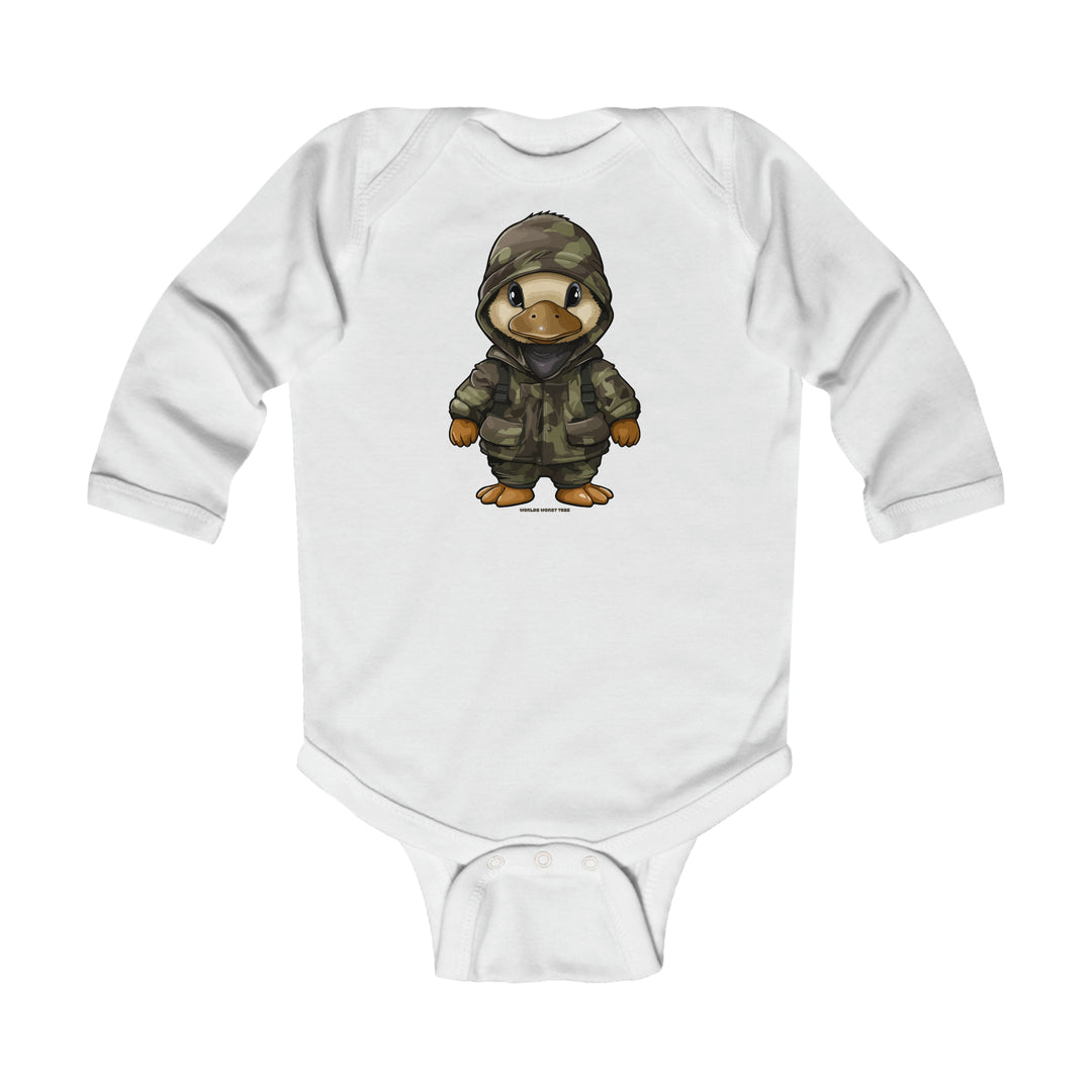 A white baby bodysuit featuring a cartoon duck in camouflage attire. Made of 100% combed ring-spun cotton for durability and comfort. Plastic snaps for easy changing. Ideal for active little ones.
