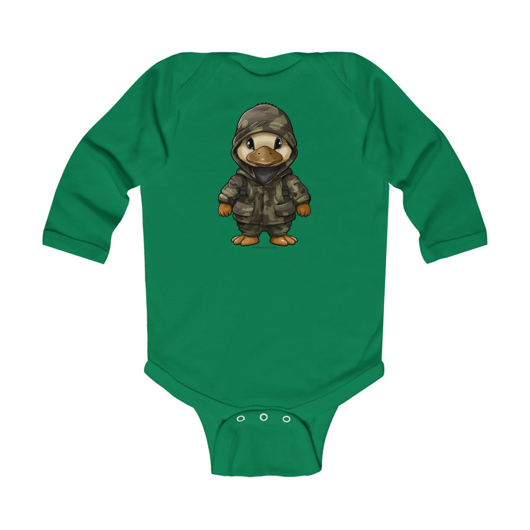 A Hunting Baby Long Sleeved Onesie featuring a cartoon duck in camouflage. Made of soft 100% cotton, with plastic snaps for easy changes. Available in different sizes. Ideal for active little ones.