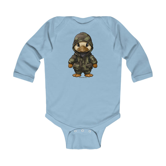 A baby bodysuit featuring a cartoon duck in a camouflage jacket, designed for durability and comfort. Plastic snaps for easy changing. Made of 100% cotton for softness. From Worlds Worst Tees.
