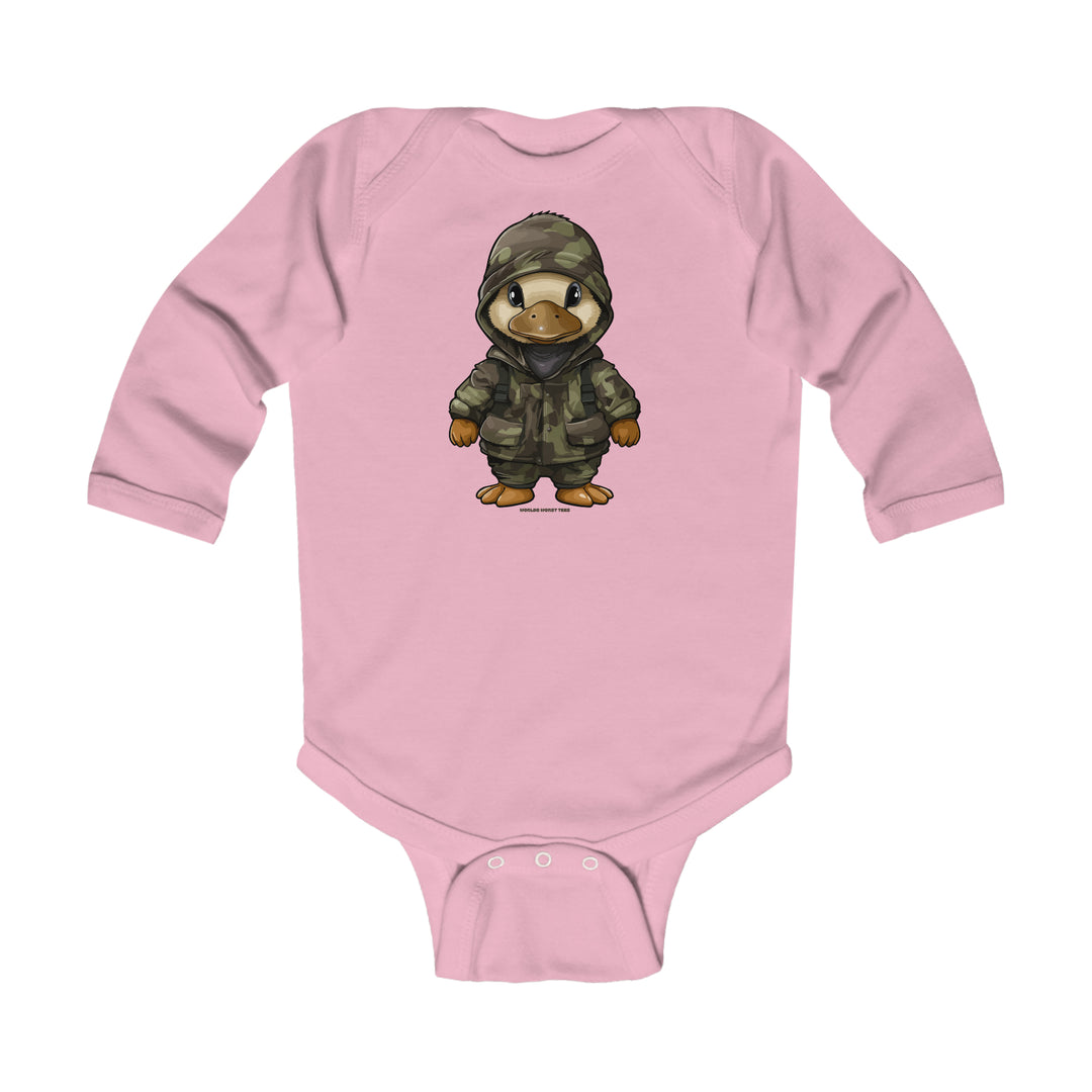 A pink baby bodysuit featuring a cartoon duck in a camouflage jacket, designed for durability and comfort. Plastic snaps for easy changing. From Worlds Worst Tees, known for unique graphic t-shirts.