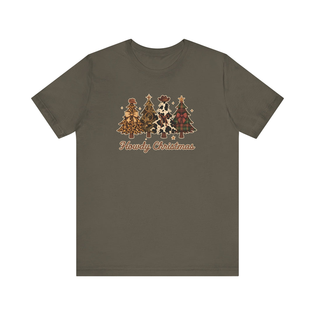 Howdy Christmas Tee featuring four Western-themed Christmas trees with unique patterns and Howdy Christmas in tan script. Classic unisex fit, soft cotton, and durable design.