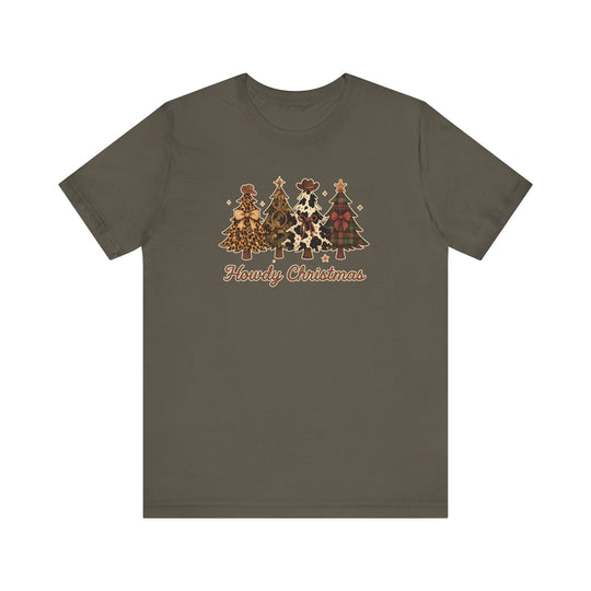 Howdy Christmas Tee featuring four Western-themed Christmas trees with unique patterns and Howdy Christmas in tan script. Classic unisex fit, soft cotton, and durable design.