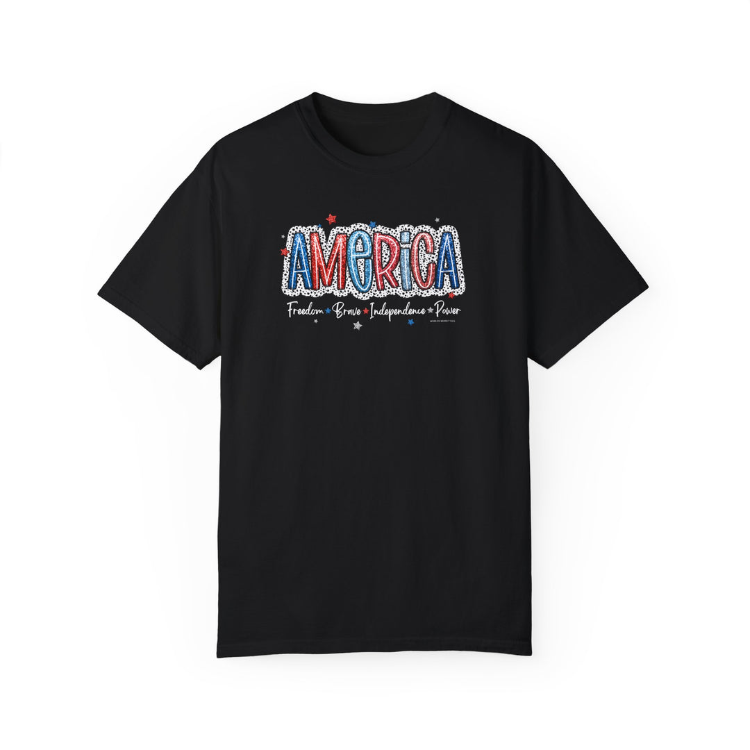 America Tee: Garment-dyed black t-shirt with red, white, and blue text. 100% ring-spun cotton, medium weight, relaxed fit, double-needle stitching for durability. From Worlds Worst Tees.