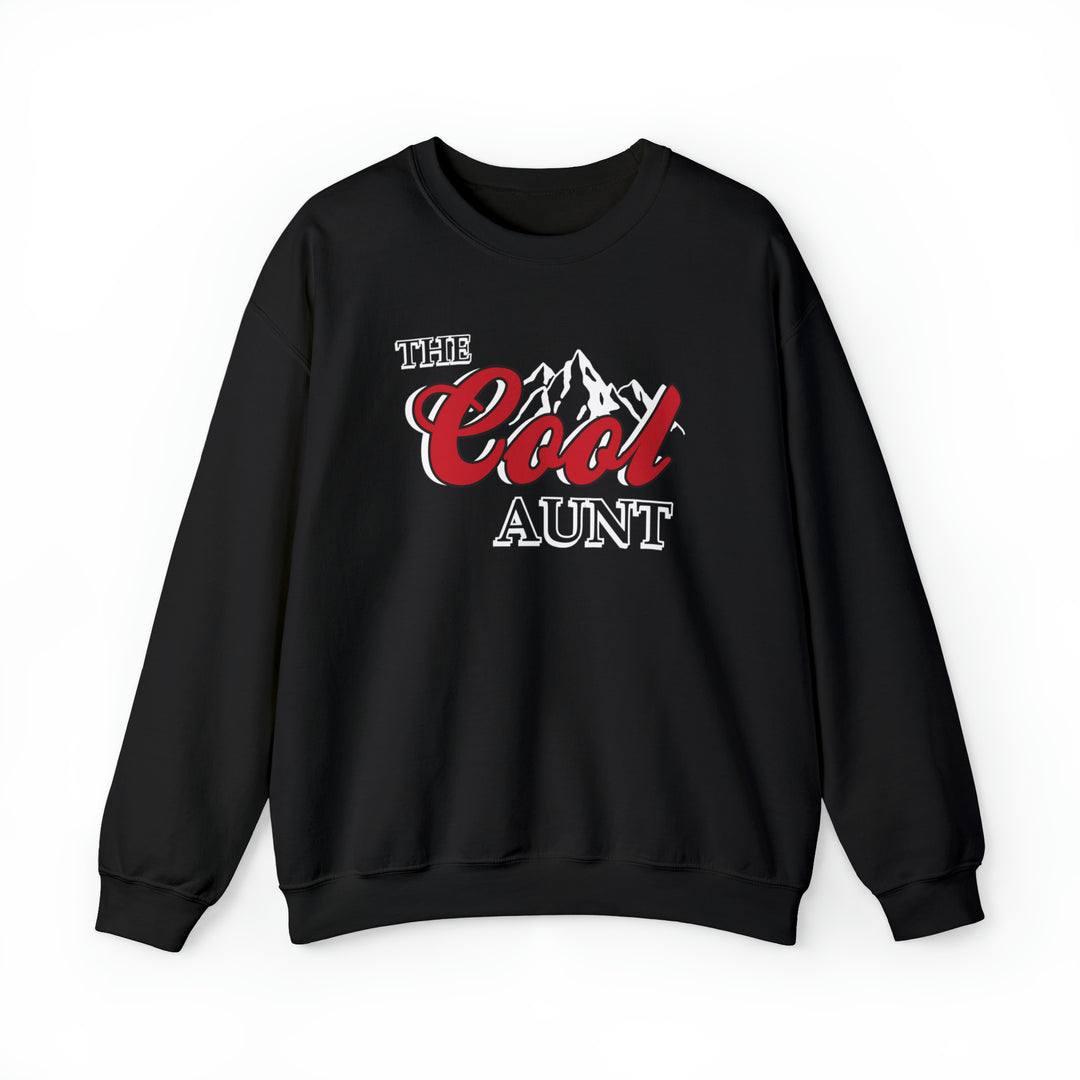 A unisex heavy blend crewneck sweatshirt, The Cool Aunt Crew, in black with white text. Features ribbed knit collar, no itchy side seams, 50% cotton, 50% polyester, loose fit, and sewn-in label.