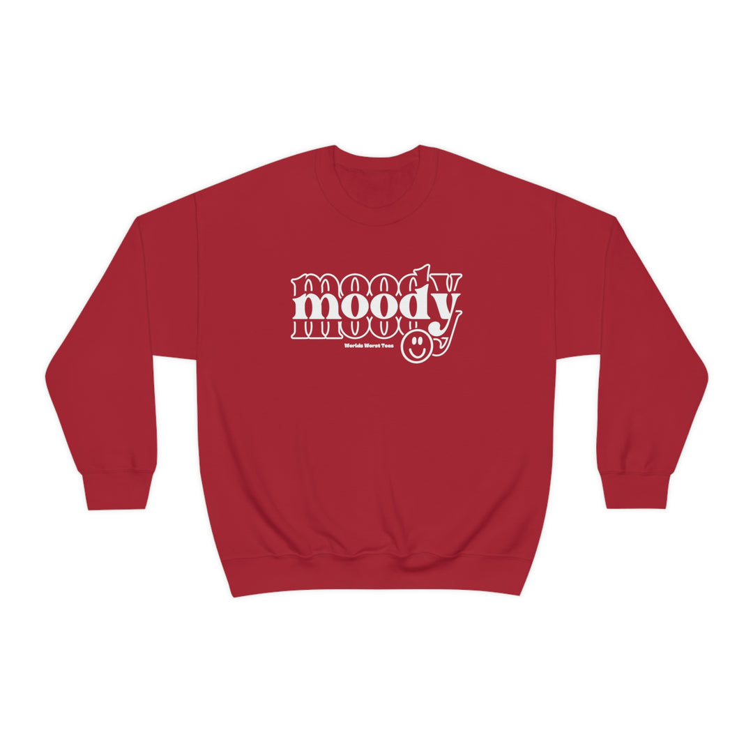 A versatile Moody Crew unisex sweatshirt in red with white text. Made of 50% cotton, 50% polyester blend, ribbed knit collar, and no itchy side seams. Medium-heavy fabric, loose fit, true to size.