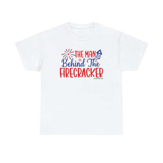 Unisex Man Behind the Firecracker Tee, a wardrobe staple with no side seams for comfort. Ribbed knit collar, durable tape on shoulders, and medium weight fabric for a classic fit. Sizes S to 5XL.