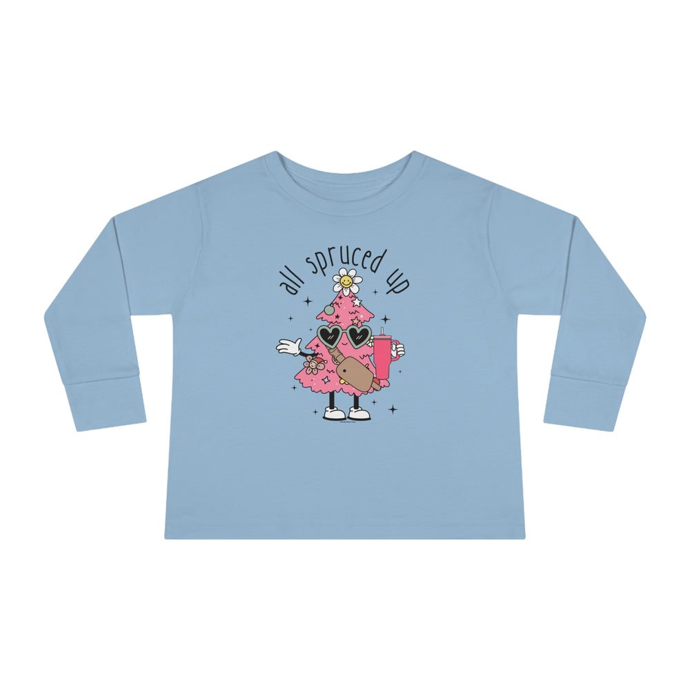 A playful blue toddler long-sleeve tee featuring a cartoon tree and drink design. Made of durable 100% combed ringspun cotton, with ribbed collar and EasyTear™ label for comfort. From 'Worlds Worst Tees'.