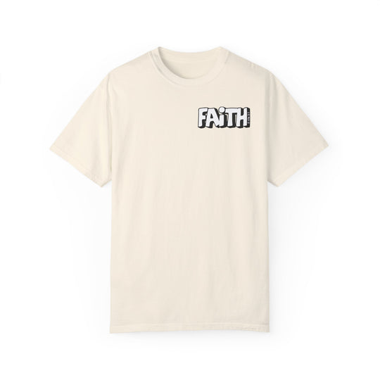 Relaxed fit Walk By Faith Not By Sight Tee, white t-shirt with black logo. 100% ring-spun cotton, garment-dyed for coziness. Durable double-needle stitching, no side-seams for tubular shape.
