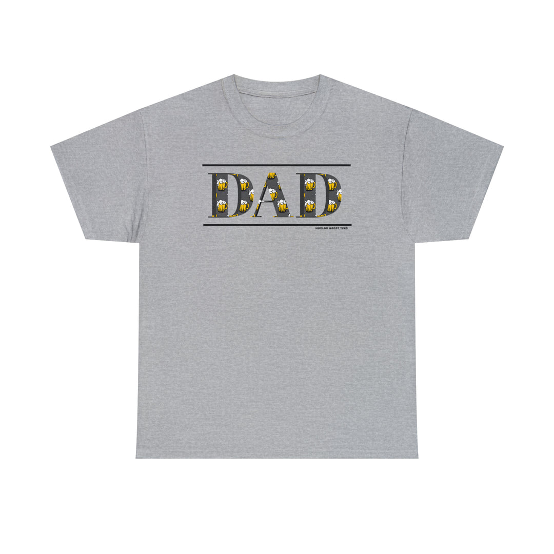 A classic Dad Beer Tee, unisex heavy cotton shirt with text, no side seams, durable tape on shoulders, and ribbed knit collar. Medium weight, 100% cotton fabric, classic fit, true to size.