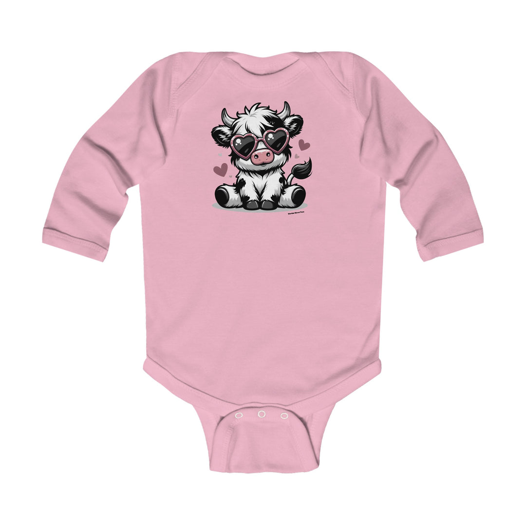 A pink baby bodysuit featuring a cow with sunglasses, ideal for infants. Made of soft, durable cotton with plastic snaps for easy changing. From Worlds Worst Tees, known for unique graphic t-shirts.