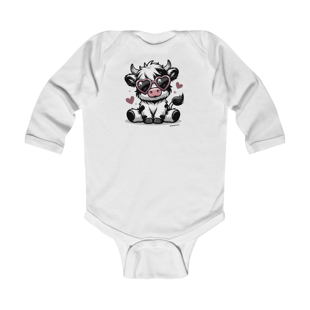 A white baby bodysuit featuring a cow in sunglasses, ideal for infants. Made of soft, durable cotton with plastic snaps for easy changing. From Worlds Worst Tees, known for unique graphic t-shirts.