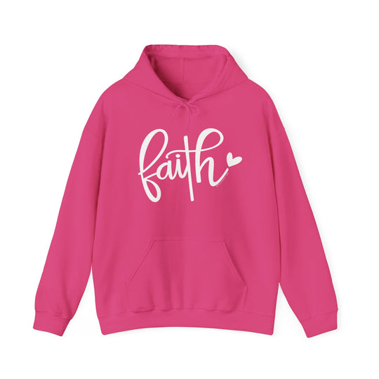 A cozy Faith Hoodie, a blend of cotton and polyester, featuring a kangaroo pocket and matching drawstring hood. Unisex, heavy fabric for warmth and comfort. Ideal for chilly days.
