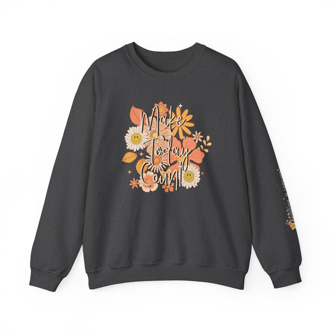 A heavy blend crewneck sweatshirt featuring a flower design, ideal for comfort in any setting. Unisex sizing, ribbed knit collar, no itchy side seams. 50% cotton, 50% polyester, medium-heavy fabric. Make Today Count Crew.
