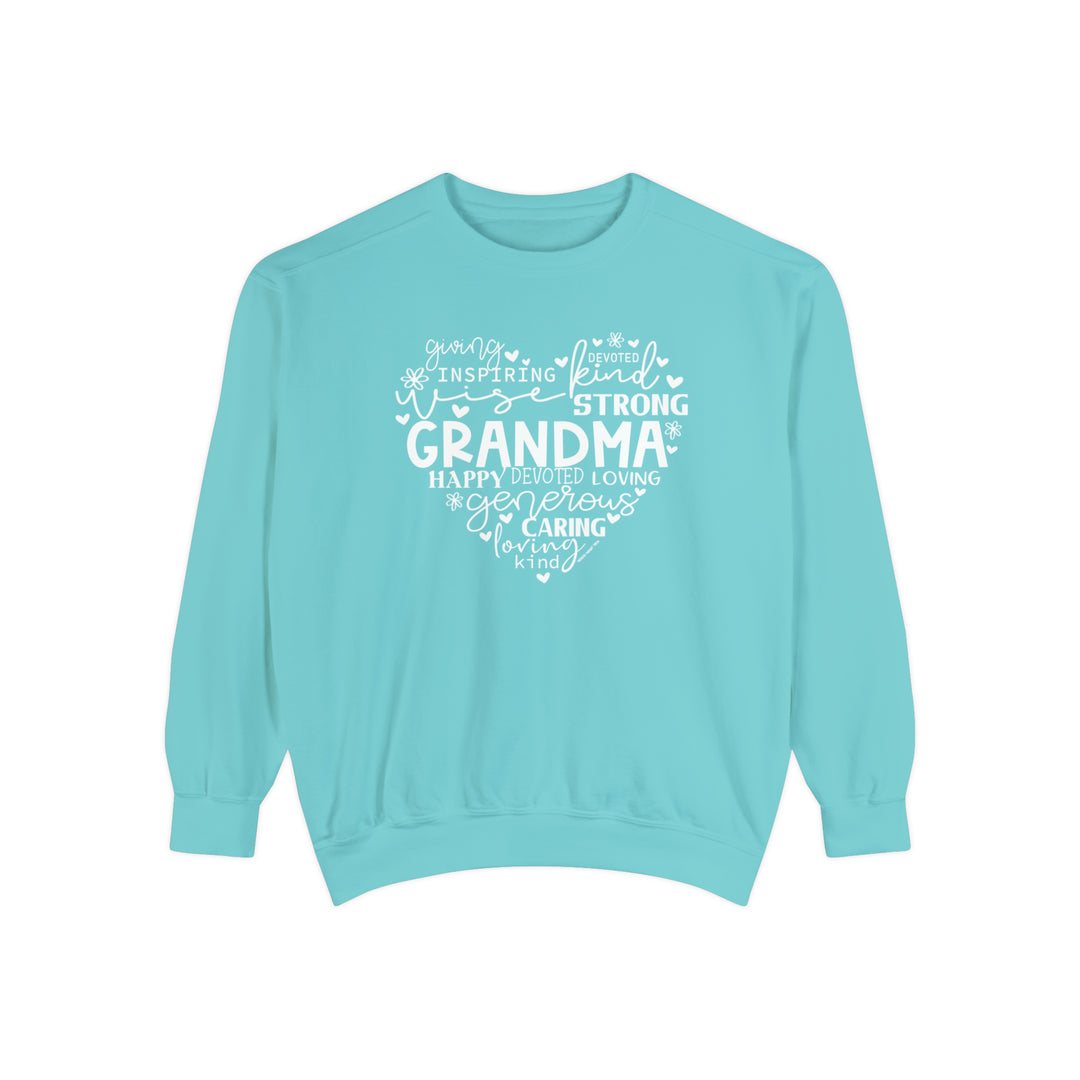 Unisex Grandma Crew sweatshirt in blue with white text. 80% ring-spun cotton, 20% polyester, relaxed fit, rolled-forward shoulder, medium-heavy fabric. From Worlds Worst Tees.