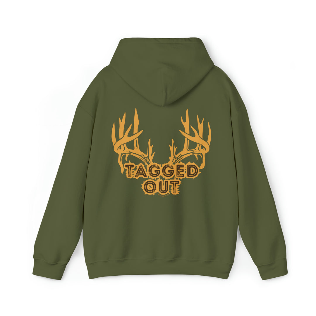 A green Tagged Out Sweatshirt with deer antlers design. Unisex heavy blend hoodie made of 50% cotton, 50% polyester, featuring kangaroo pocket and drawstring hood. Classic fit, tear-away label, 8.0 oz/yd² fabric.