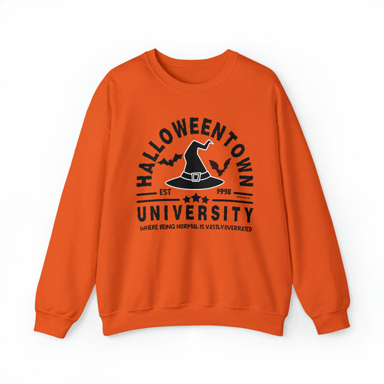 Unisex Halloweentown University Crew sweatshirt, ideal for comfort. Polyester-cotton blend, ribbed knit collar, no itchy seams. Loose fit, medium-heavy fabric, sewn-in label. Sizes: S-5XL. From Worlds Worst Tees.