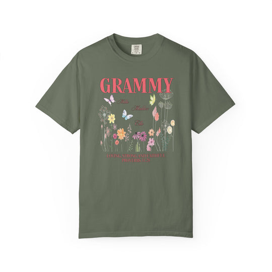 Close-up of the Grammy Tee, showcasing its garment-dyed fabric and durable double-needle stitching, highlighting the shirt's relaxed fit and classic crew neckline.
