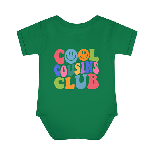 Infant bodysuit titled Cool Cousins Club Onesie, featuring lap shoulders for easy adjustments, made from soft ring-spun cotton, ideal for comfort and fit.
