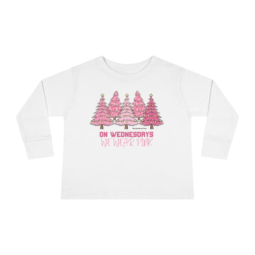 Custom toddler long-sleeve tee featuring a white shirt with pink trees and words. Made of 100% combed ringspun cotton, with topstitched ribbed collar and EasyTear™ label for sensitive skin.