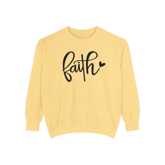 Unisex Faith Crew sweatshirt with black text on yellow fabric. Made of 80% ring-spun cotton, 20% polyester, featuring a relaxed fit and rolled-forward shoulder. From Worlds Worst Tees.