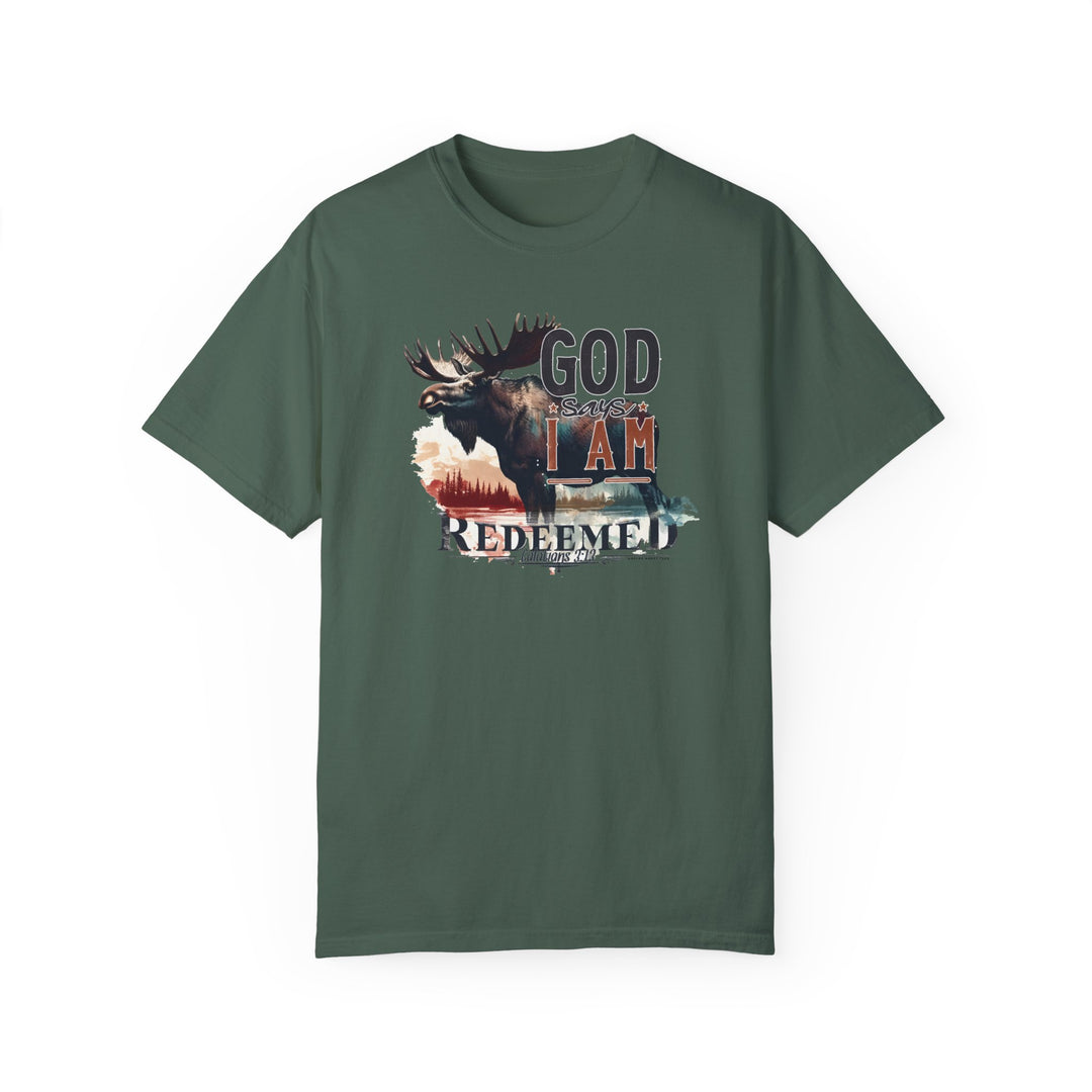 A ring-spun cotton Redeemed Tee in green, featuring a moose design. Garment-dyed for extra coziness, with a relaxed fit and durable double-needle stitching. Ideal for daily wear.
