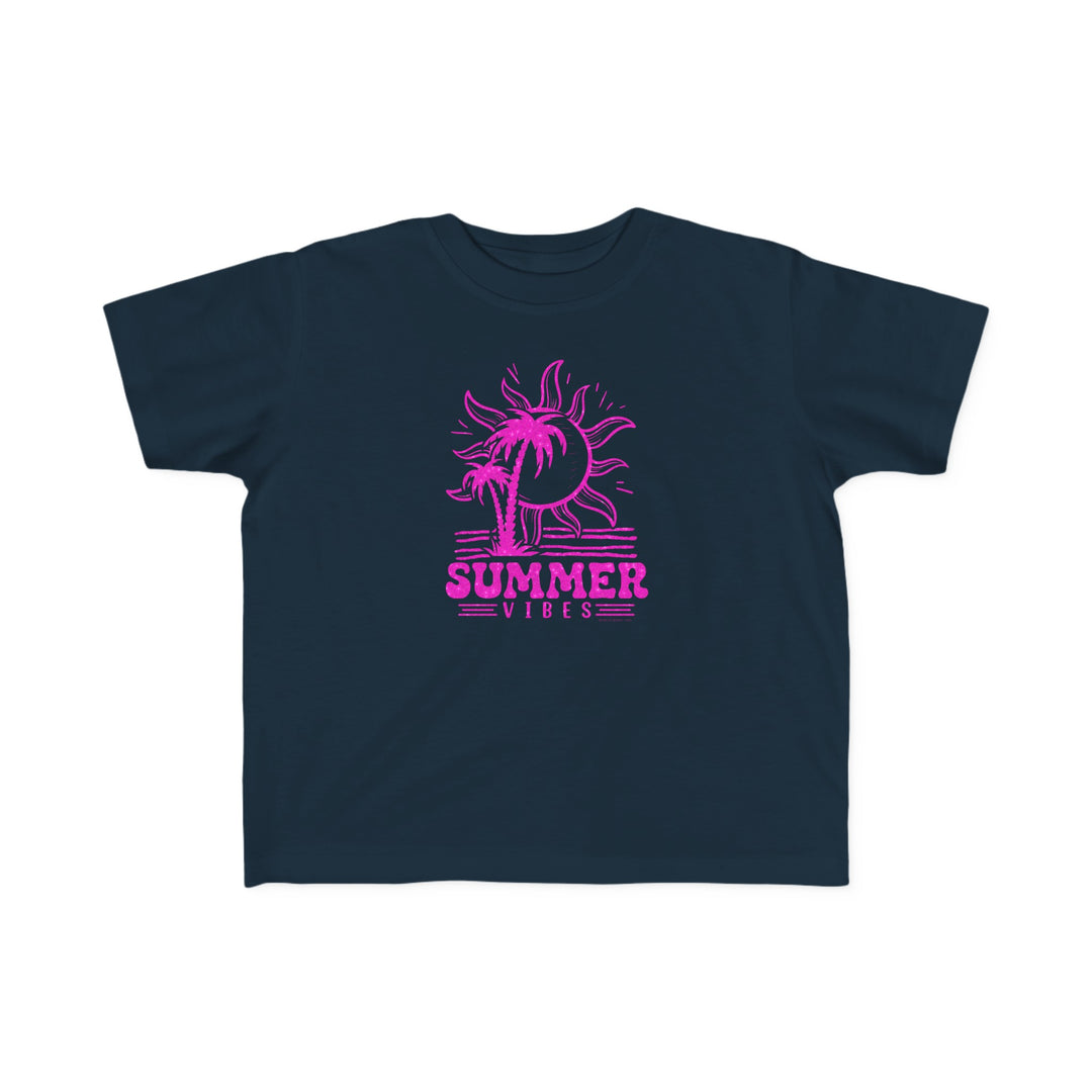 Summer Vibes Toddler Tee featuring a blue shirt with pink sun and palm trees. Soft 100% combed ringspun cotton, light fabric, tear-away label, perfect for sensitive skin. Ideal for first ventures.