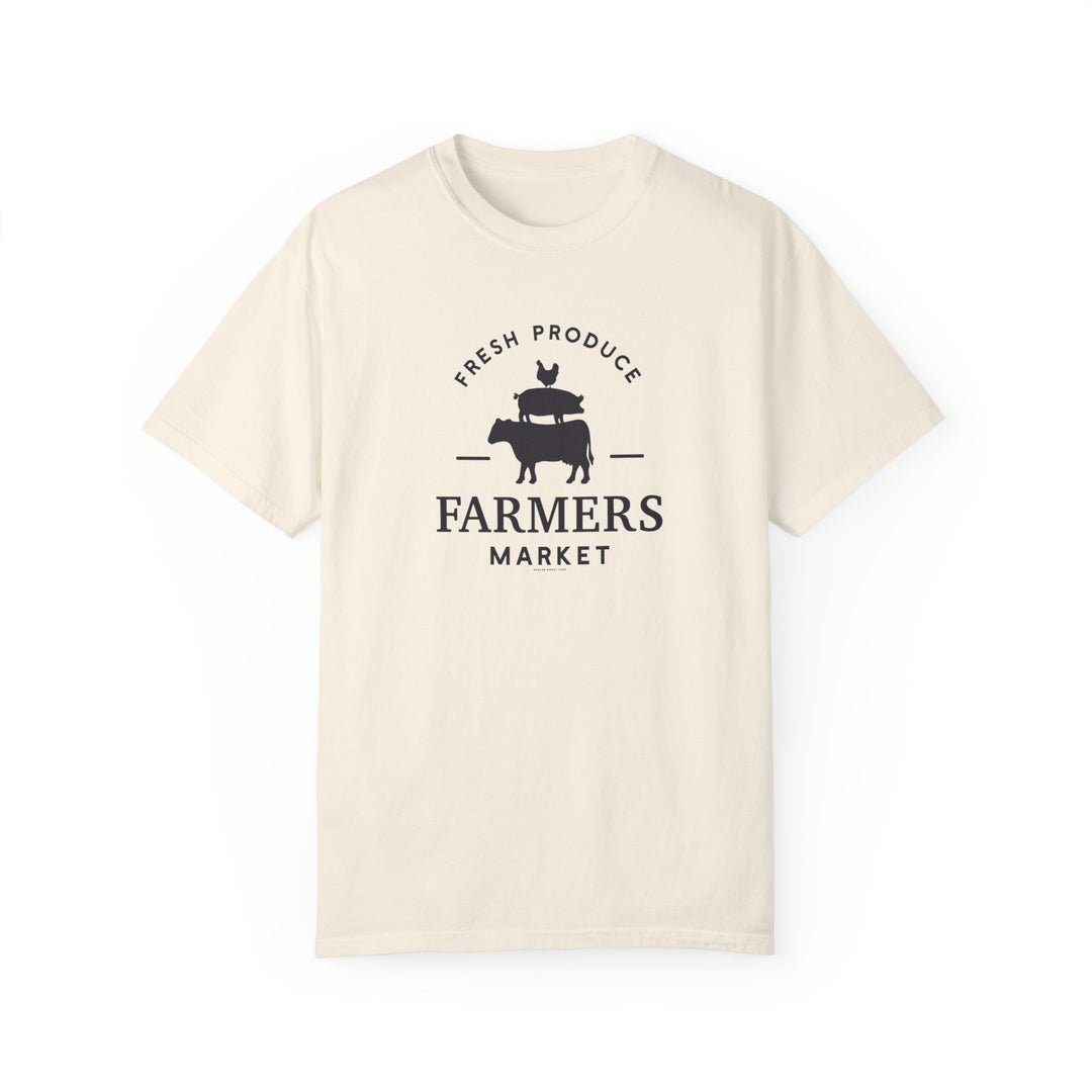 A Farmers Market Tee, a white t-shirt with a logo, 100% ring-spun cotton, medium weight, relaxed fit, durable double-needle stitching, tubular shape.